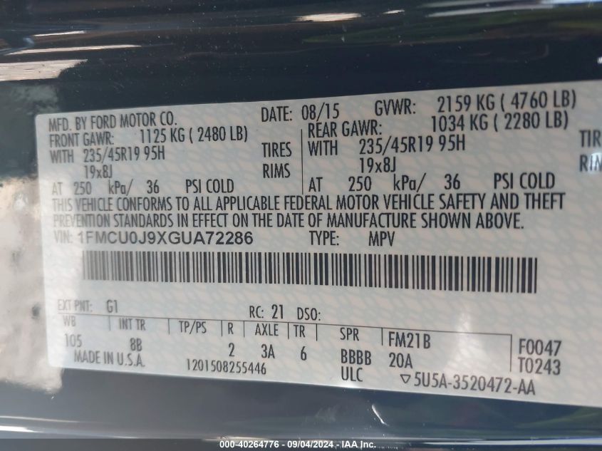 1FMCU0J9XGUA72286 2016 Ford Escape Titanium