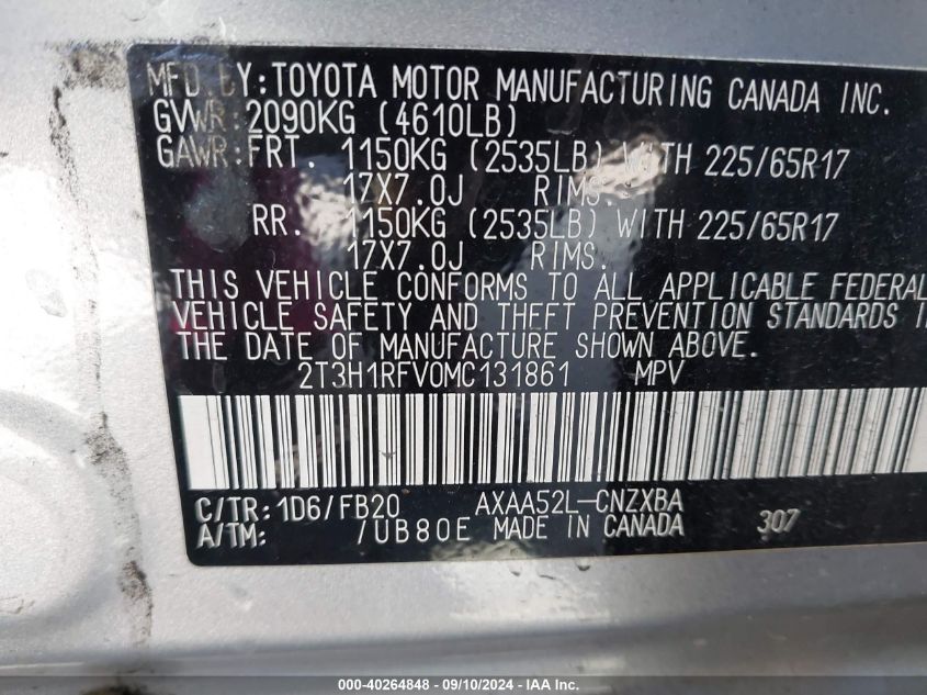 2021 Toyota Rav4 Le VIN: 2T3H1RFV0MC131861 Lot: 40264848