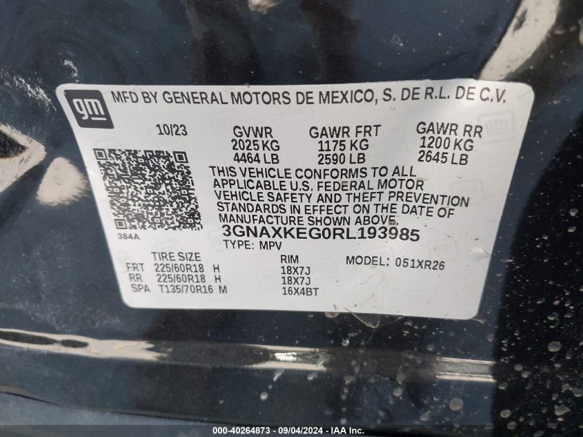 2024 Chevrolet Equinox Lt VIN: 3GNAXKEG0RL193985 Lot: 40264873