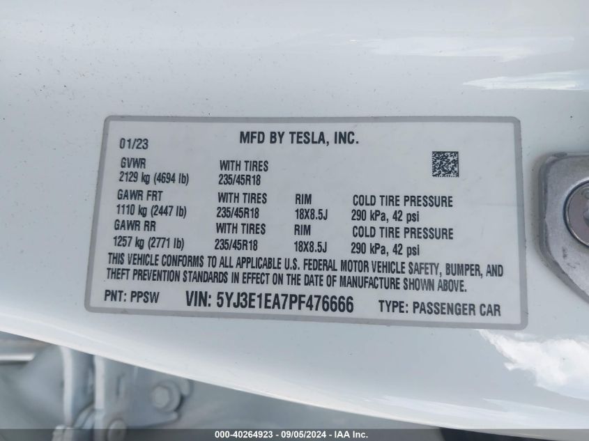 2023 Tesla Model 3 Rear-Wheel Drive VIN: 5YJ3E1EA7PF476666 Lot: 40264923