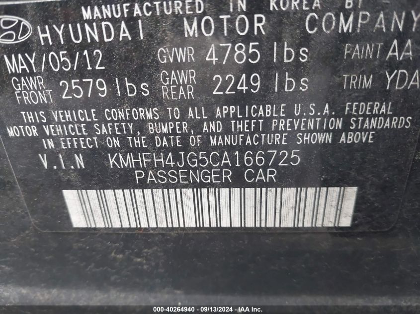 2012 Hyundai Azera VIN: KMHFH4JG5CA166725 Lot: 40264940