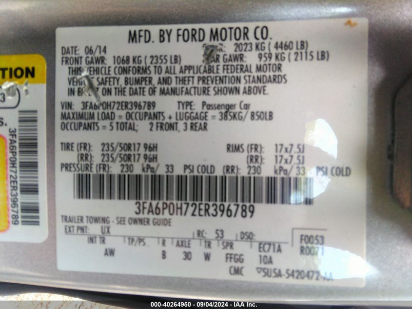 2014 Ford Fusion Se VIN: 3FA6P0H72ER396789 Lot: 40264950