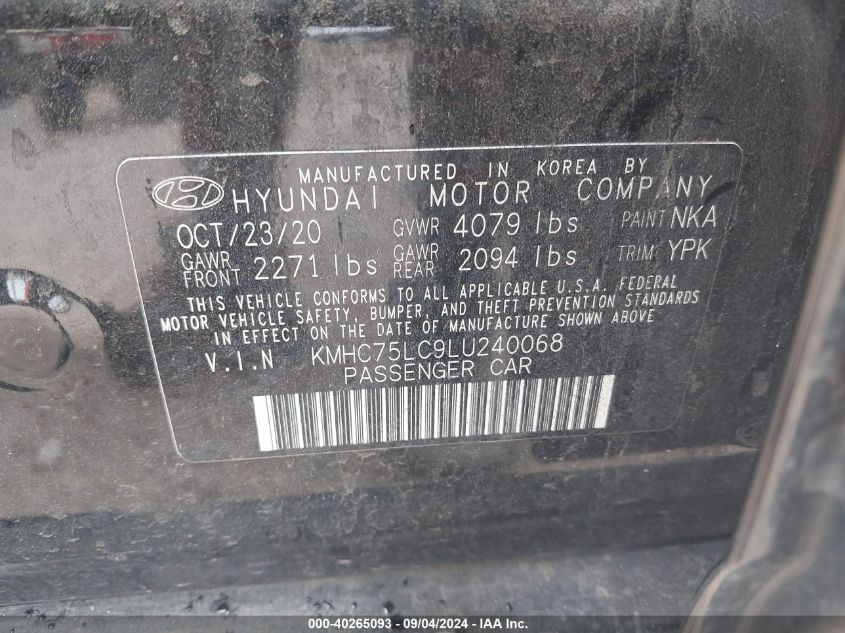 2020 Hyundai Ioniq Se VIN: KMHC75LC9LU240068 Lot: 40265093