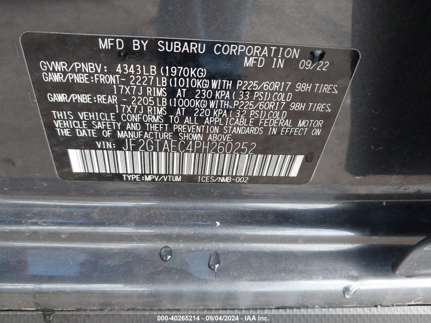 VIN JF2GTAEC4PH260252 2023 SUBARU CROSSTREK PREMIUM