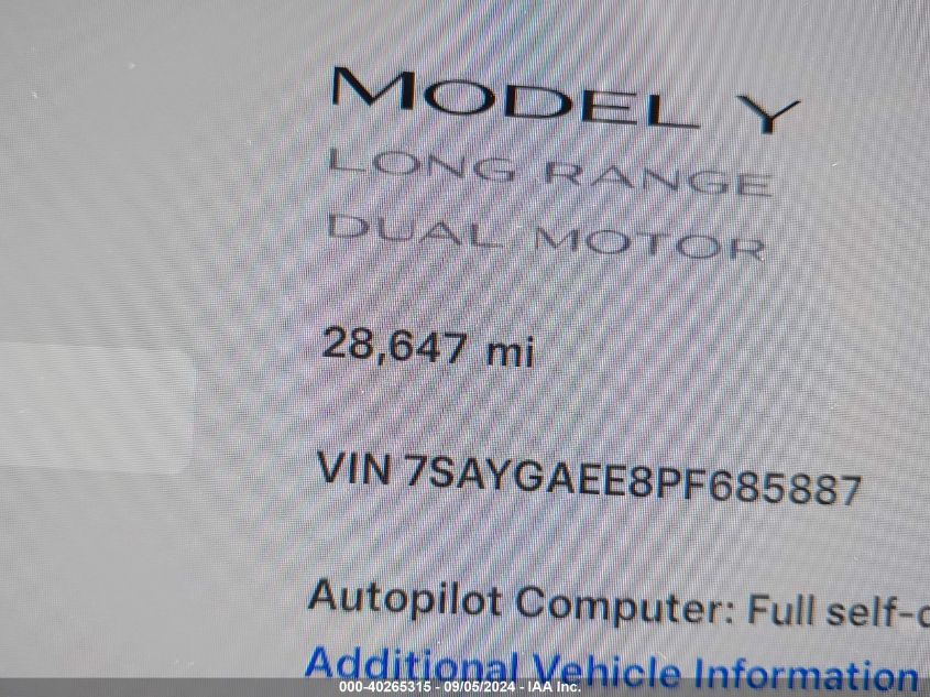 2023 Tesla Model Y Awd/Long Range Dual Motor All-Wheel Drive VIN: 7SAYGAEE8PF685887 Lot: 40265315