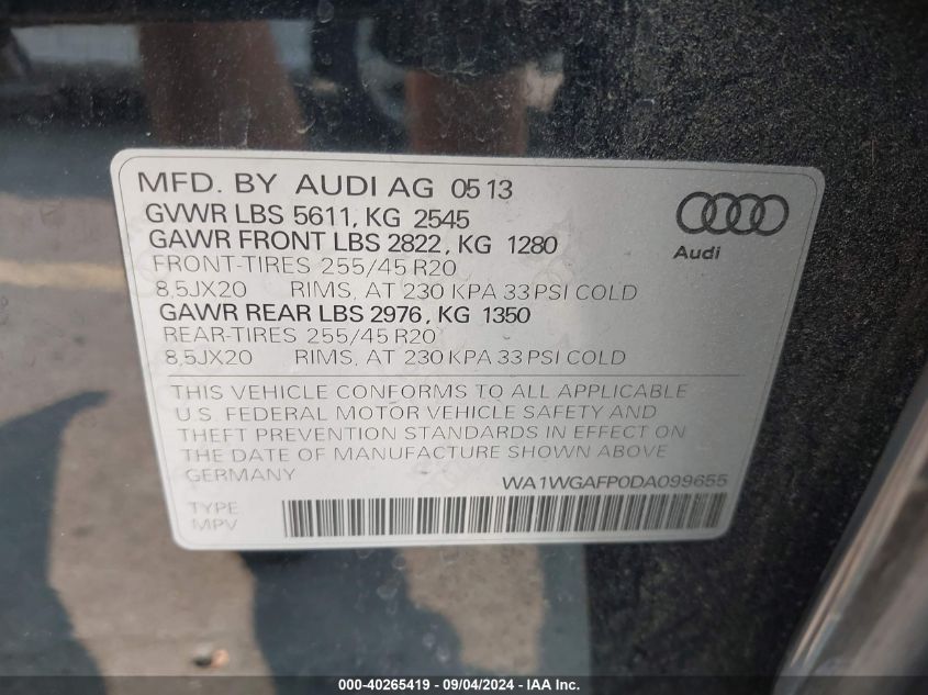 2013 Audi Q5 3.0T Premium Plus VIN: WA1WGAFP0DA099655 Lot: 40265419