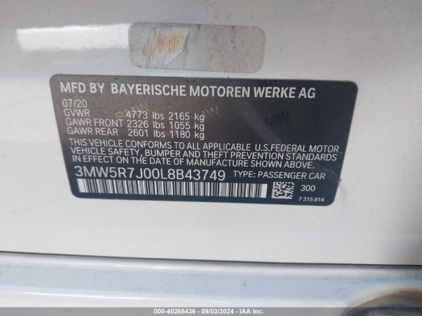 2020 BMW 330I xDrive VIN: 3MW5R7J00L8B43749 Lot: 40265436