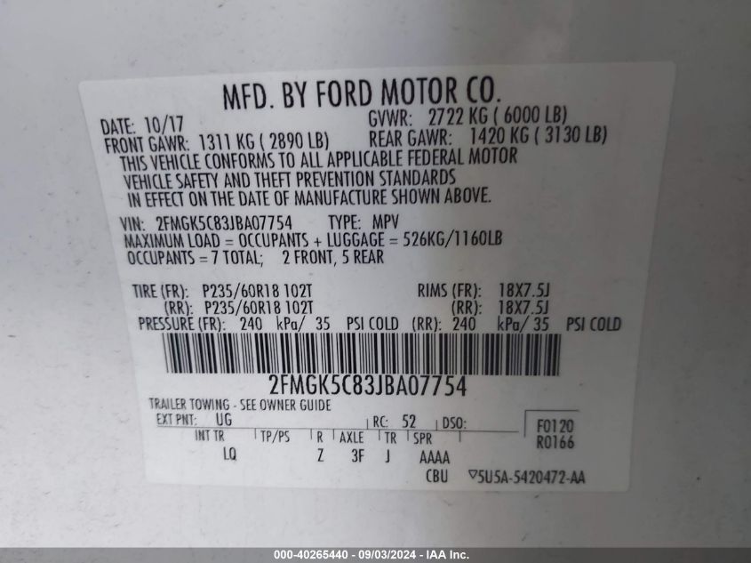 2FMGK5C83JBA07754 2018 Ford Flex Sel