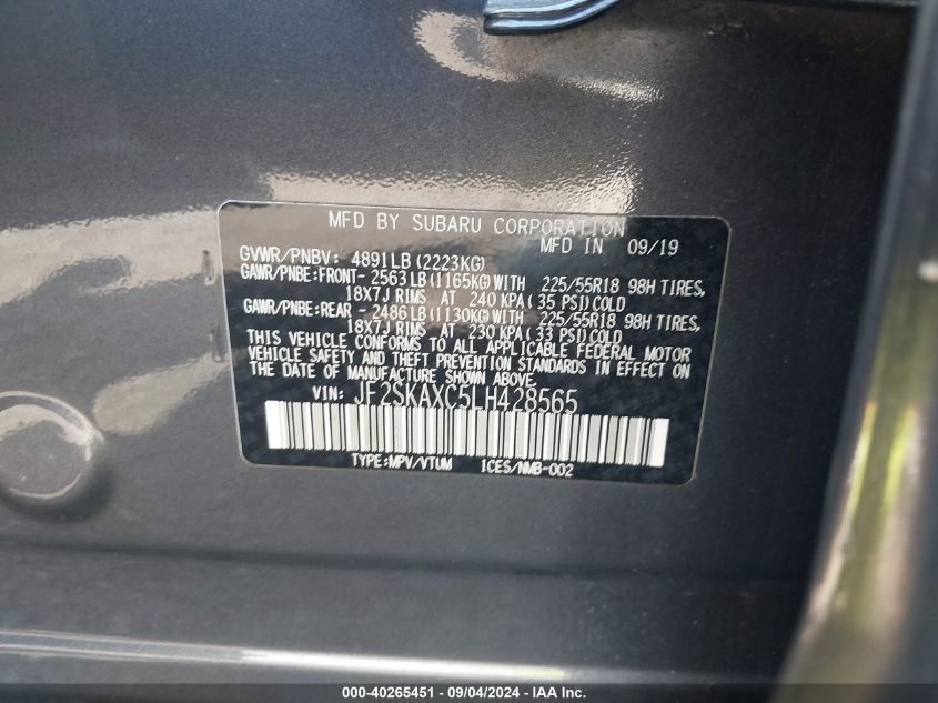 2020 Subaru Forester Touring VIN: JF2SKAXC5LH428565 Lot: 40265451