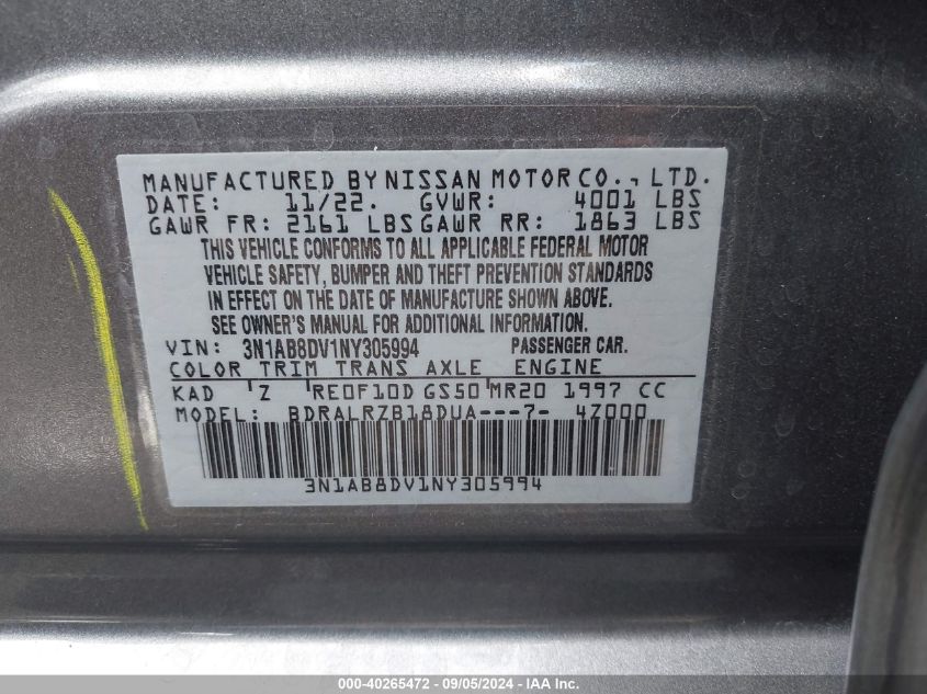 2022 Nissan Sentra Sr VIN: 3N1AB8DV1NY305994 Lot: 40265472