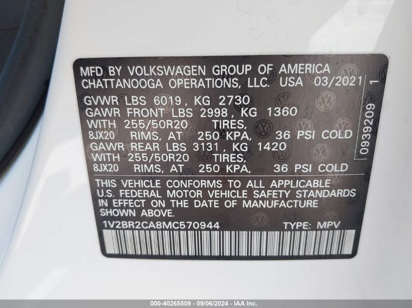 1V2BR2CA8MC570944 2021 Volkswagen Atlas 3.6L V6 Sel