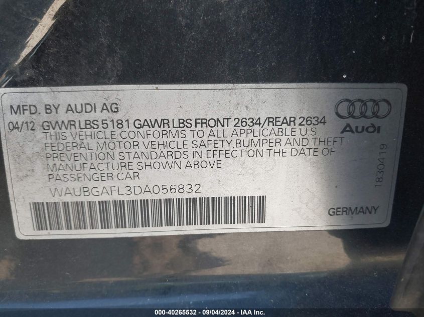 2013 Audi S4 3.0T Premium Plus VIN: WAUBGAFL3DA056832 Lot: 40265532