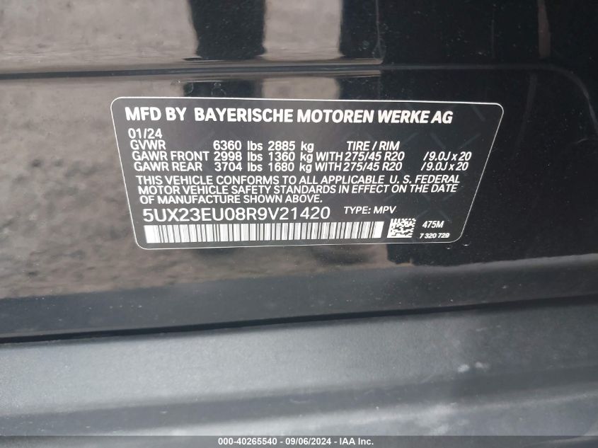 2024 BMW X5 xDrive40I VIN: 5UX23EU08R9V21420 Lot: 40265540