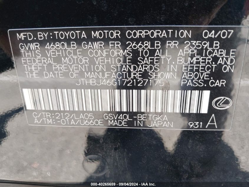 JTHBJ46G172127175 2007 Lexus Es 350