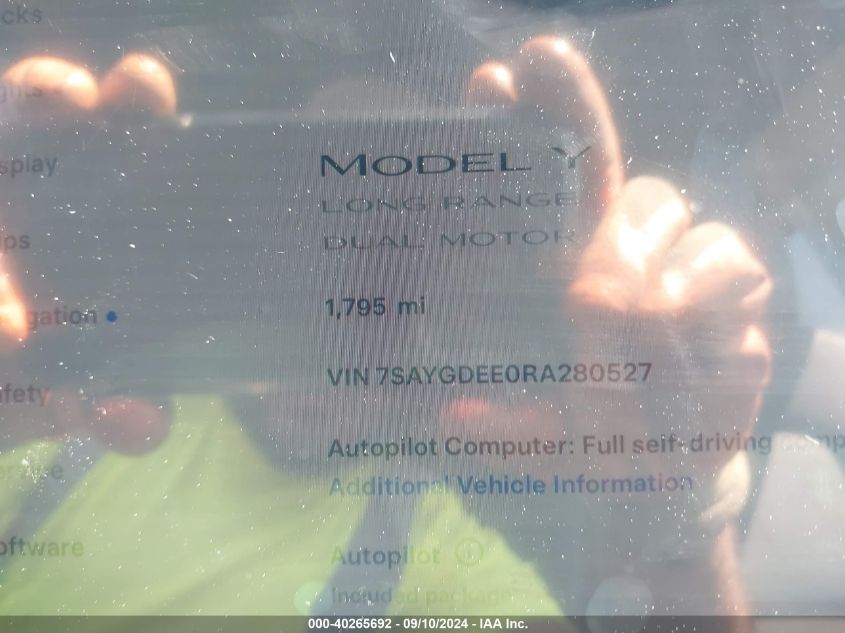 2024 Tesla Model Y Long Range Dual Motor All-Wheel Drive VIN: 7SAYGDEE0RA280527 Lot: 40265692