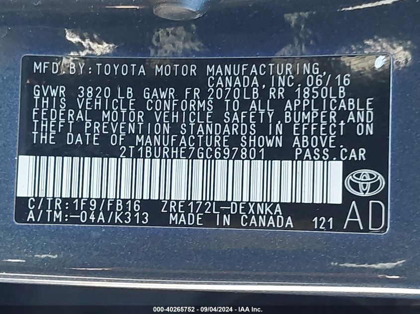 2016 TOYOTA COROLLA LE - 2T1BURHE7GC697801