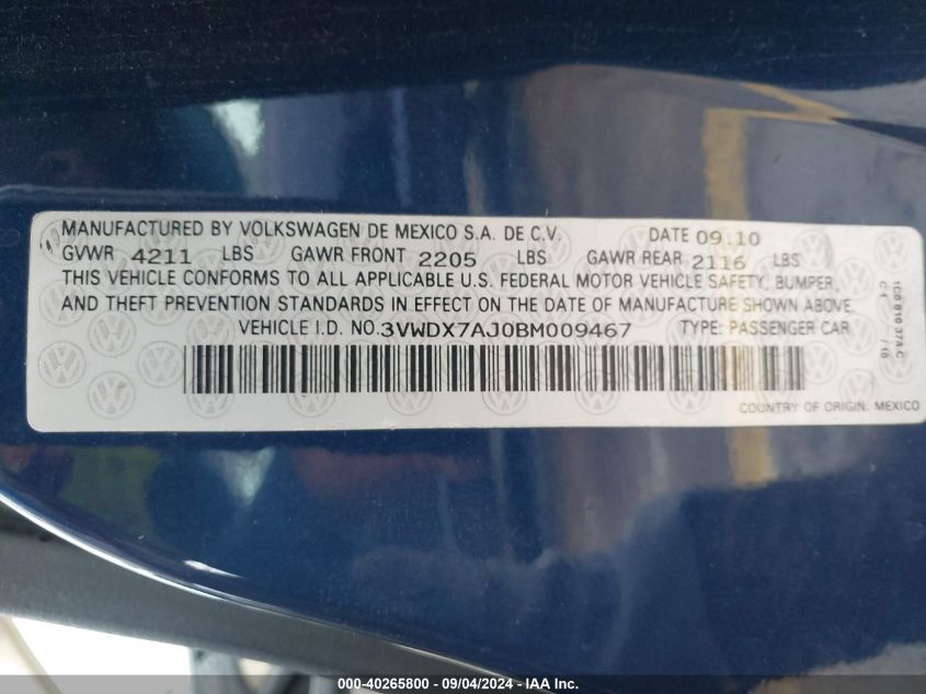 3VWDX7AJ0BM009467 2011 Volkswagen Jetta 2.5L Se