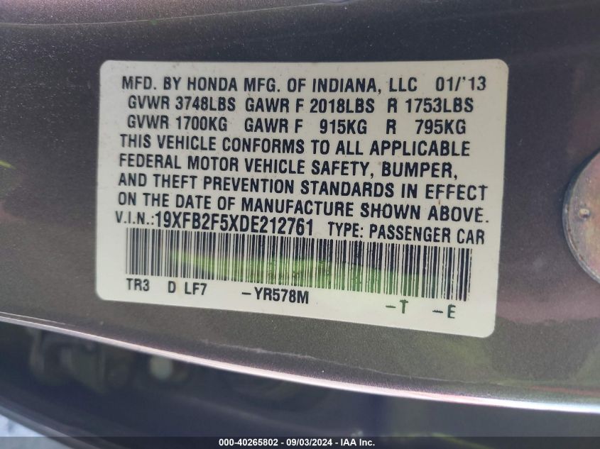 2013 Honda Civic Lx VIN: 19XFB2F5XDE212761 Lot: 40265802