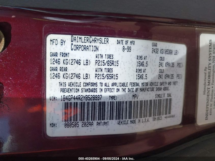 2000 Dodge Grand Caravan Se VIN: 1B4GP44R2YB528937 Lot: 40265904