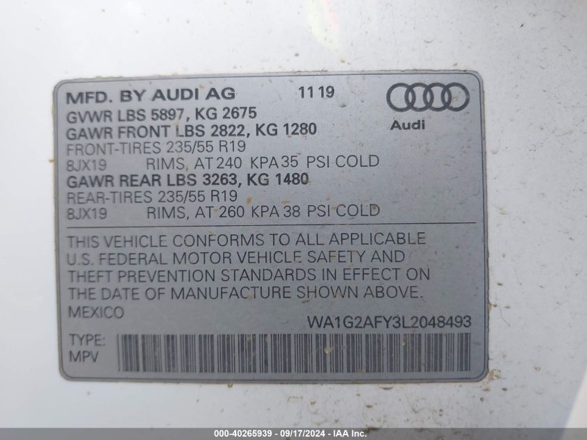 2020 Audi Q5 Premium 55 Tfsi E Quattro S Tronic VIN: WA1G2AFY3L2048493 Lot: 40265939