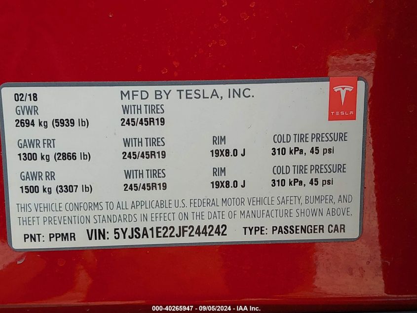 5YJSA1E22JF244242 2018 Tesla Model S 100D/75D/P100D