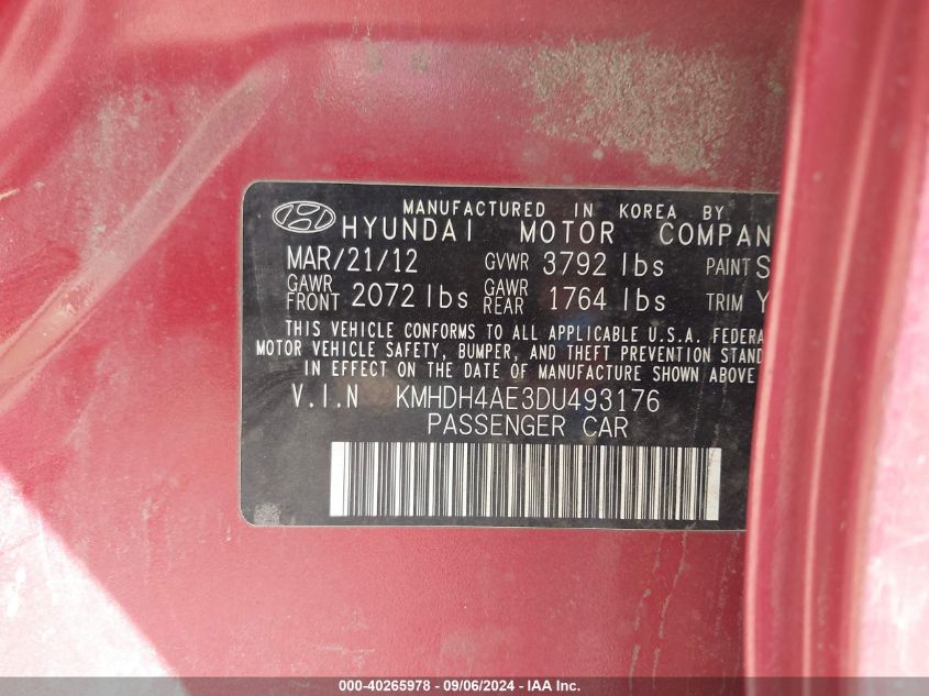 KMHDH4AE3DU493176 2013 Hyundai Elantra Gls/Limited