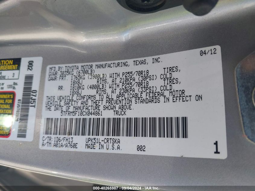 5TFRM5F10CX044861 2012 Toyota Tundra Grade 4.6L V8