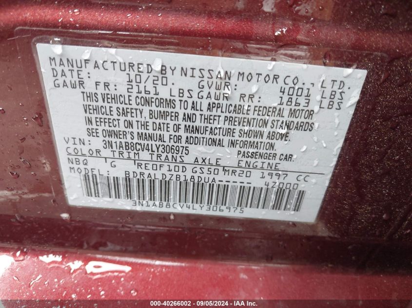 2020 Nissan Sentra Sv Xtronic Cvt VIN: 3N1AB8CV4LY306975 Lot: 40266002