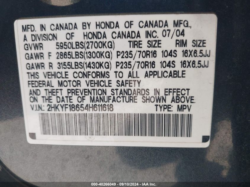 2004 Honda Pilot Ex-L VIN: 2HKYF18654H611618 Lot: 40266049