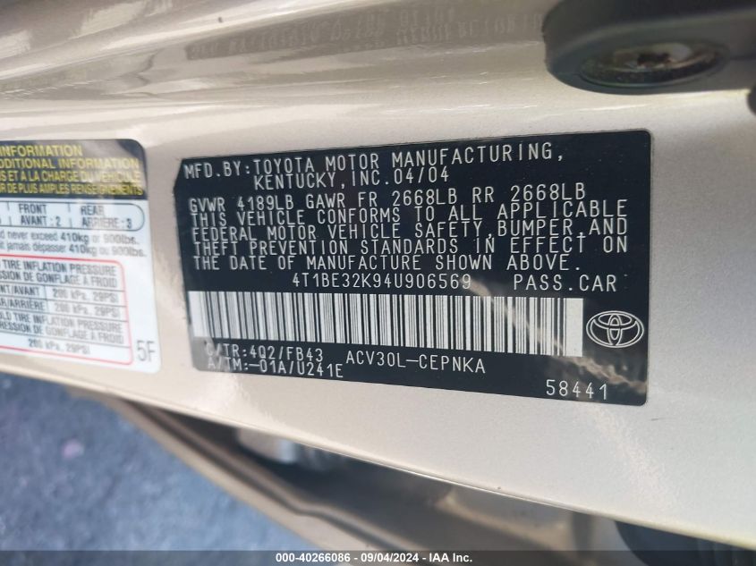 4T1BE32K94U906569 2004 Toyota Camry Le/Xle/Se