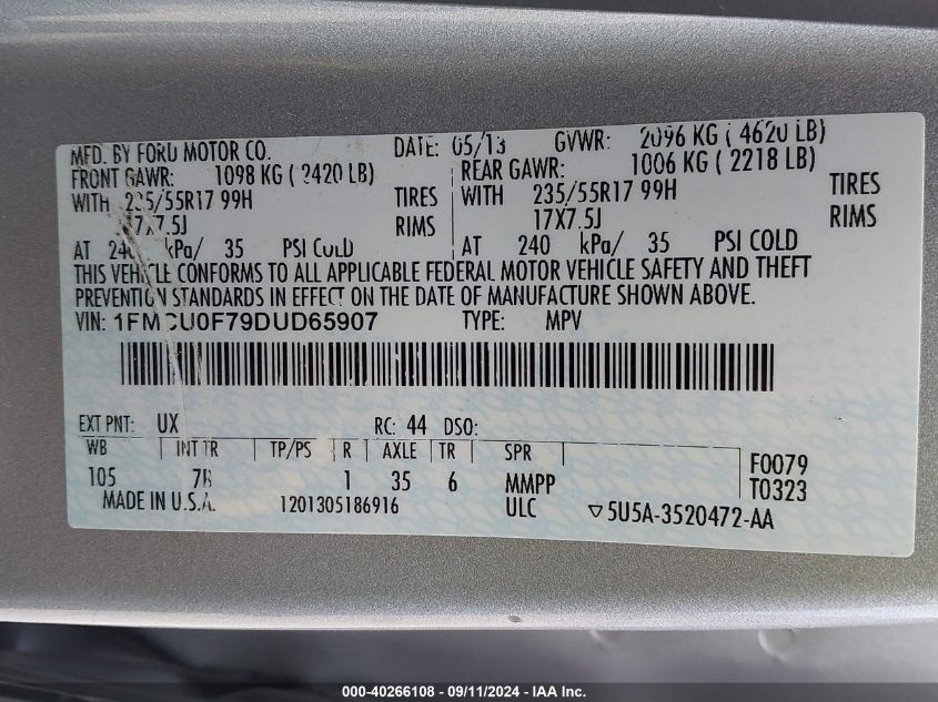 1FMCU0F79DUD65907 2013 Ford Escape S