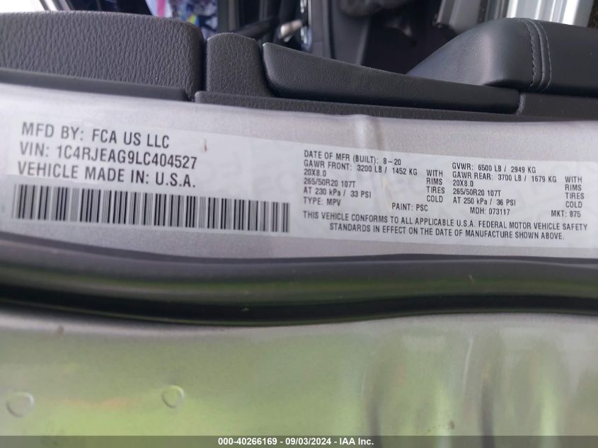 2020 Jeep Grand Cherokee Altitude 4X2 VIN: 1C4RJEAG9LC404527 Lot: 40266169