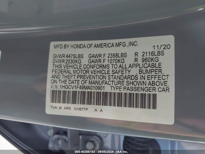 2021 Honda Accord Sport Se VIN: 1HGCV1F49MA010901 Lot: 40266183