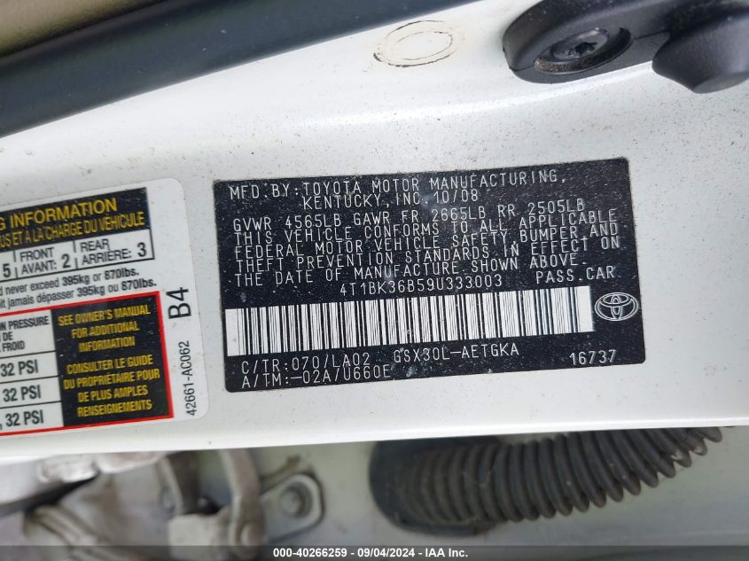 2009 Toyota Avalon Xls VIN: 4T1BK36B59U333003 Lot: 40266259