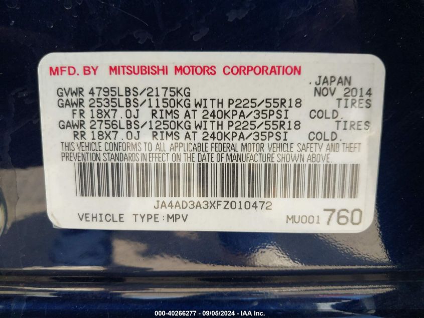 2015 Mitsubishi Outlander Se VIN: JA4AD3A3XFZ010472 Lot: 40266277