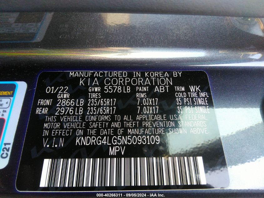 2022 Kia Sorento Hybrid S VIN: KNDRG4LG5N5093109 Lot: 40266311