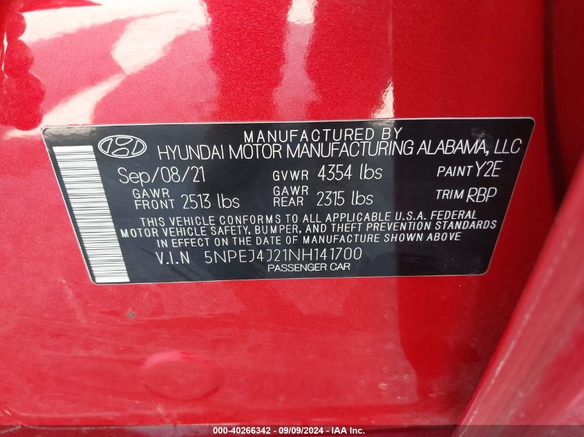 5NPEJ4J21NH141700 2022 Hyundai Sonata Sel Plus