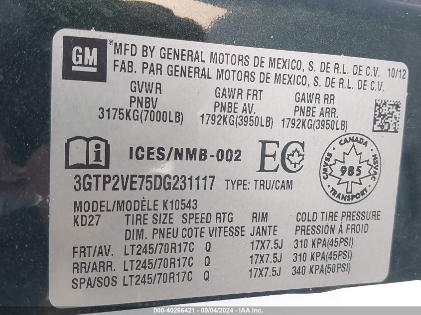 3GTP2VE75DG231117 2013 GMC Sierra 1500 Sle