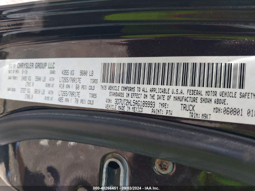 2010 Dodge Ram 2500 Slt VIN: 3D7UT2HL5AG189993 Lot: 40266451