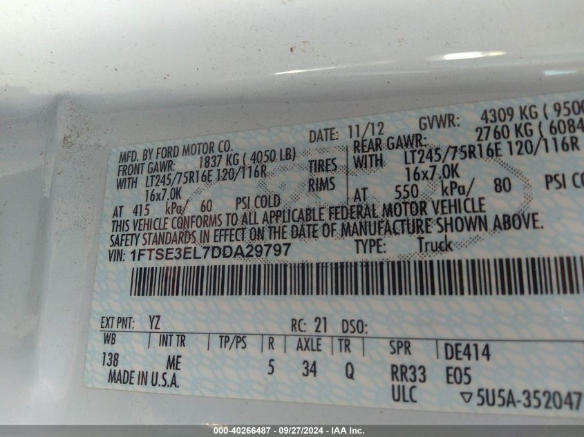 2013 Ford E-350 Super Duty Commercial VIN: 1FTSE3EL7DDA29797 Lot: 40266487