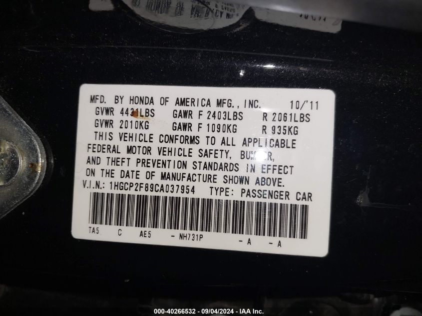 1HGCP2F89CA037954 2012 Honda Accord 2.4 Ex-L