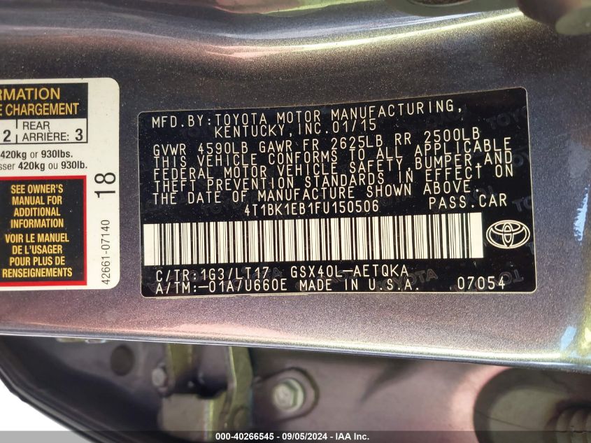 2015 TOYOTA AVALON XLE TOURING - 4T1BK1EB1FU150506