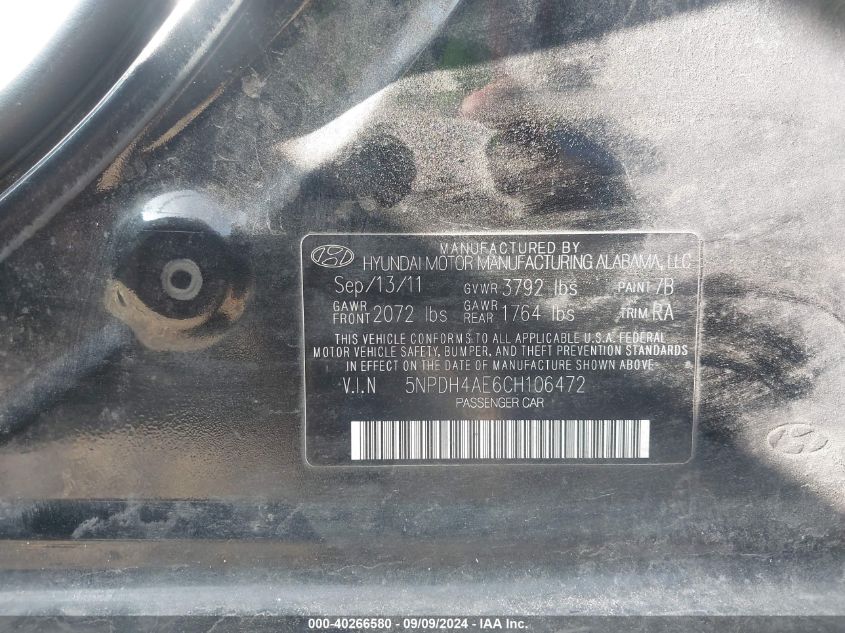 5NPDH4AE6CH106472 2012 Hyundai Elantra Limited