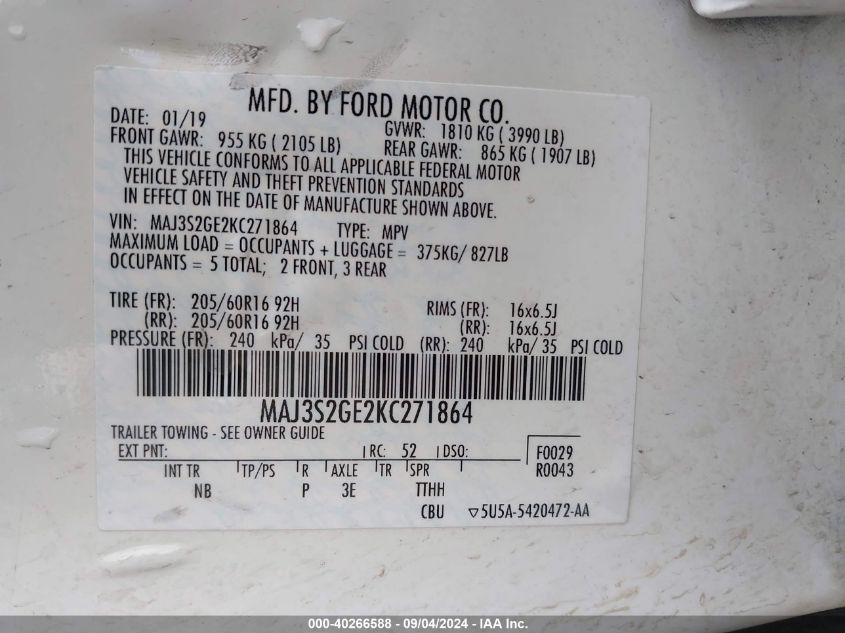 MAJ3S2GE2KC271864 2019 Ford Ecosport Se