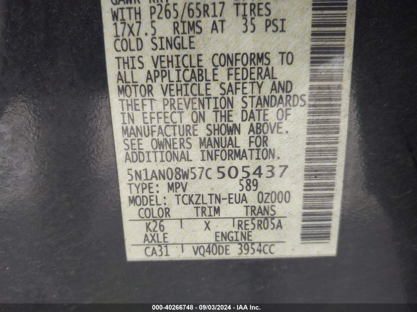 2007 Nissan Xterra Se VIN: 5N1AN08W57C505437 Lot: 40266748