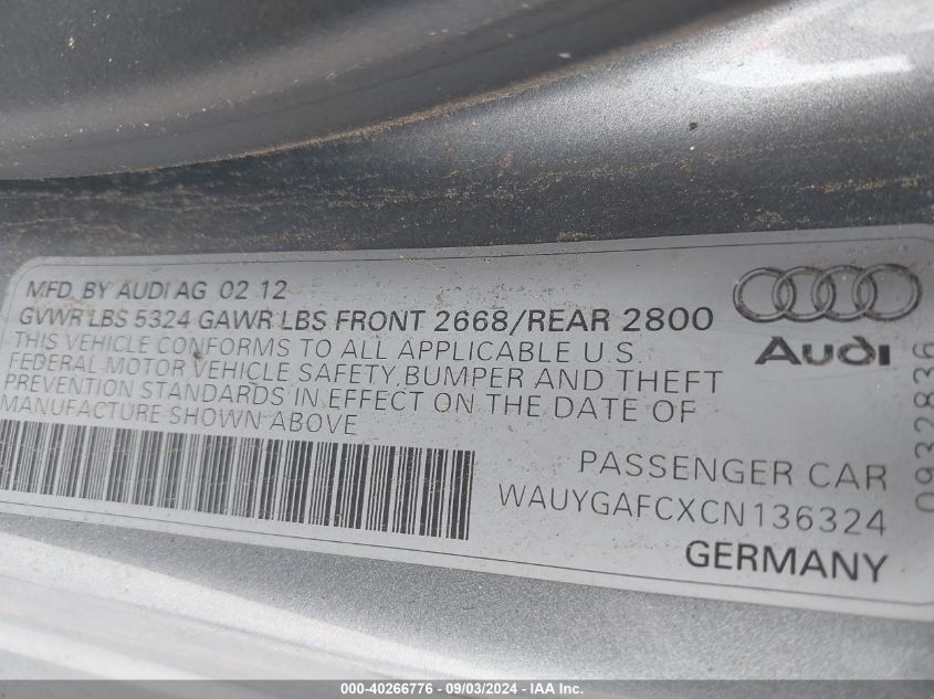 2012 Audi A7 Premium VIN: WAUYGAFCXCN136324 Lot: 40266776