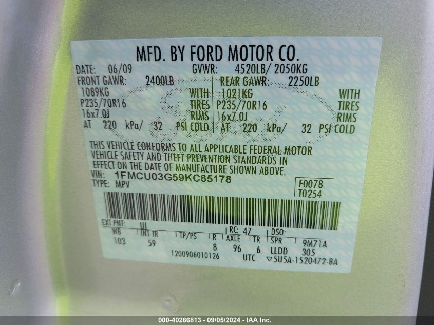 1FMCU03G59KC65178 2009 Ford Escape Xlt