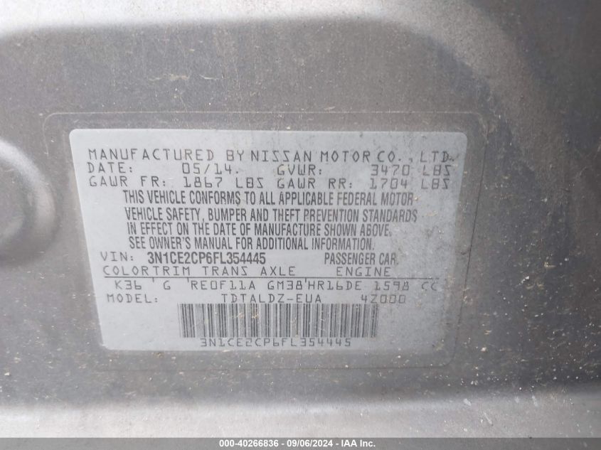 3N1CE2CP6FL354445 2015 Nissan Versa Note S (Sr)/S Plus/Sl/Sr/Sv