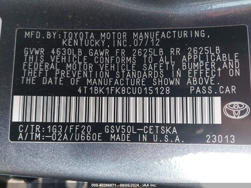 2012 Toyota Camry Se V6 VIN: 4T1BK1FK8CU015128 Lot: 40266871