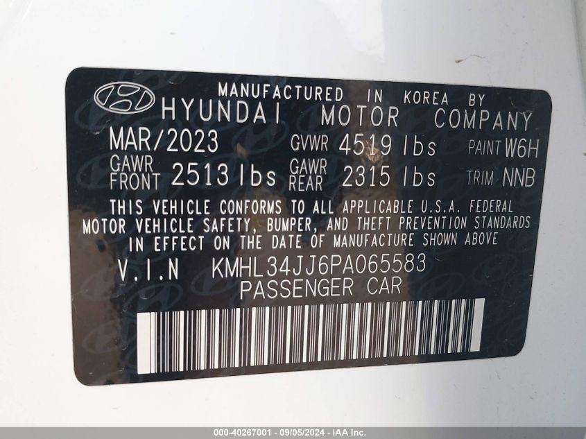 2023 Hyundai Sonata Hybrid/Sel VIN: KMHL34JJ6PA065583 Lot: 40267001